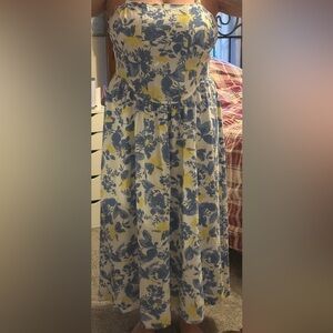 Spring Floral Strapless Blue and Yellow Sun Dress